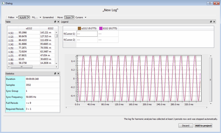 Live view of a sample value recording of selected signals